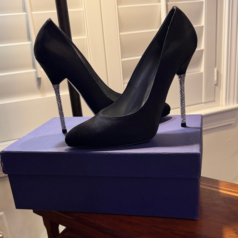 Stuart Weitzman Black Satin High Heels with Crystal Stiletto Heel